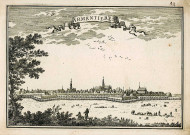 Vue perspective de la ville avec les fortifications.