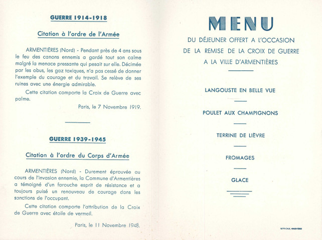 Remise de la Croix de guerre à la ville le 18 septembre 1949. - Organisation : citation de la ville à l'ordre de l'armée, programme, invitations, facture pour un feu d'artifice.