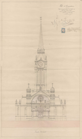 Église Notre-Dame du Sacré-Coeur. - Construction : plans (1873) ; Reconstruction : plans, procès-verbal d'adjudication, cahier des charges, correspondance, étude, traité, récapitulatif des travaux exécutés, devis des dommages de guerre, exposé de l'architecte (1926-1928).