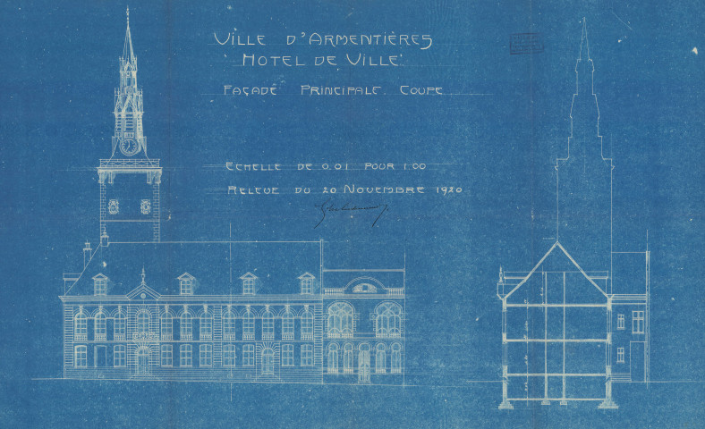 Hôtel de ville, beffroi. - Reconstruction : plans, dessins du mobilier (chaise) et des lustres.