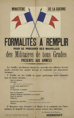 Première guerre mondiale. - Ravitaillement, alimentation et circulation de la population : affiches, circulaires préfectorales, circulaires de l'État Major, arrêté du maire concernant la les visas et laissez-passer, l'affichage, la taxe des blés farines et sel, les mesures d'hygiène publique, la vente d'alcool, le service postal, les stocks de denrées.