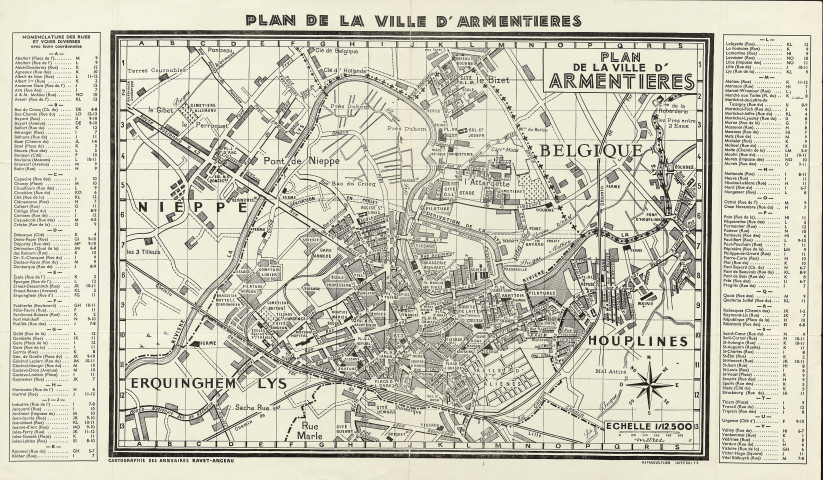 Plan de la ville d'Armentières dans les années 1950, réalisé par les annuaires Ravet-Anceau.