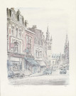 Aquarelle de la rue de Lille et du beffroi à Armentières, signée André de Campenaere, offerte à l'occasion du 75ème anniversaire de la fondation des établissements Havet (imprimerie-papeterie 1900-1975).
