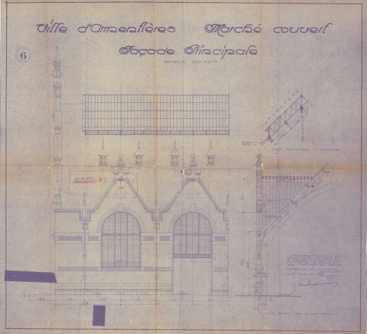 Halles. - Reconstruction : plans, mémoire des travaux exécutés, devis, avenant, délibération, cahier des charges, décompte des ouvrages exécutés, correspondance, procès-verbal d'adjudication.