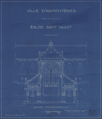 Église Saint-Vaast. - Reconstruction, dommages de guerre, adhésion à ma coopérative de reconstruction : catalogue vitraux, plans, inventaire du mobilier, constat descriptif, correspondance et traité avec l'architecte, demande d'emprunt et subvention, acomptes, devis, cahier des charges ; Inauguration : livret (1929).