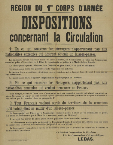 Première guerre mondiale. - Ravitaillement, alimentation et circulation de la population : affiches, circulaires préfectorales, circulaires de l'État Major, arrêté du maire concernant la les visas et laissez-passer, l'affichage, la taxe des blés farines et sel, les mesures d'hygiène publique, la vente d'alcool, le service postal, les stocks de denrées.