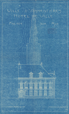 Hôtel de ville, beffroi. - Reconstruction : plans, dessins du mobilier (chaise) et des lustres.