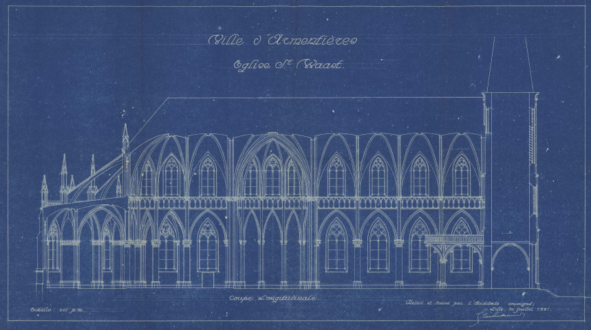 Église Saint-Vaast. - Reconstruction, dommages de guerre, adhésion à ma coopérative de reconstruction : catalogue vitraux, plans, inventaire du mobilier, constat descriptif, correspondance et traité avec l'architecte, demande d'emprunt et subvention, acomptes, devis, cahier des charges ; Inauguration : livret (1929).