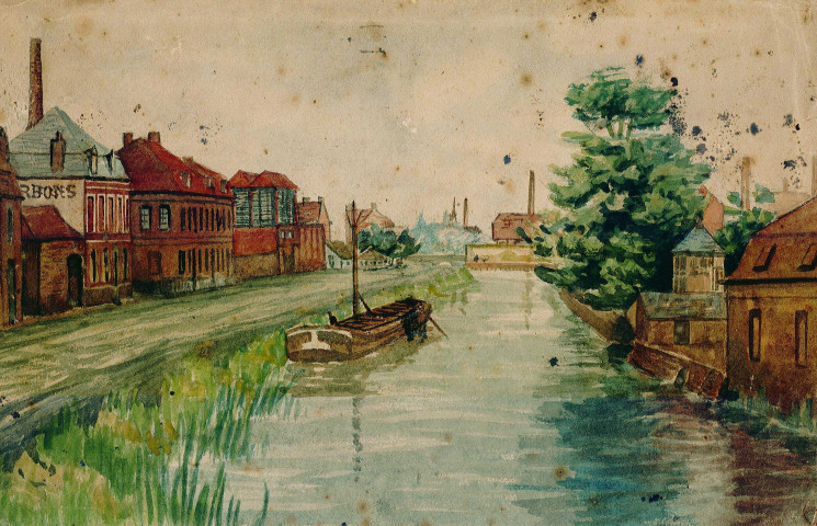 Peinture d'une péniche sur la Lys au quai de Beauvais.