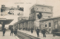 Groupe d'hommes sur les quais de la gare en ruines