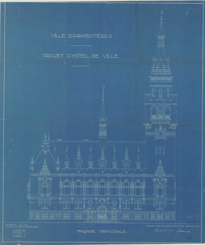 Hôtel de ville, beffroi. - Reconstruction : plans, dessins du mobilier (chaise) et des lustres.