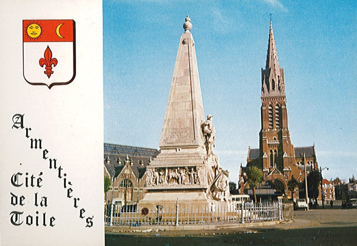 Souvenir d'Armentières, cité de la toile avec vue sur le monument aux morts et à l'église Saint-Vaast et blason de la ville