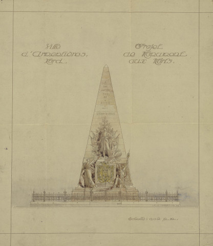 Monument aux morts 1914-1918. - Érection, inauguration : demande de subvention de l'État, correspondance, plans et croquis, état de situation des travaux, invitation, coupure de presse, discours, listes des noms inscrits sur le monument (livre d'or).