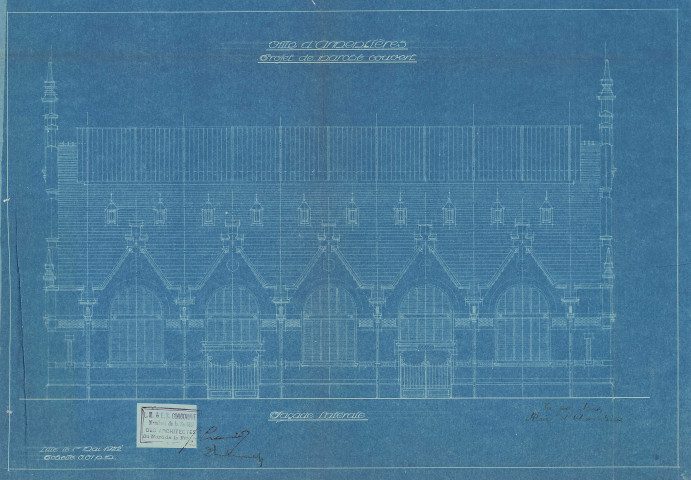 Halles. - Reconstruction : plans, mémoire des travaux exécutés, devis, avenant, délibération, cahier des charges, décompte des ouvrages exécutés, correspondance, procès-verbal d'adjudication.