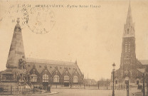 Monument aux morts, les halles et église Saint-Vaast