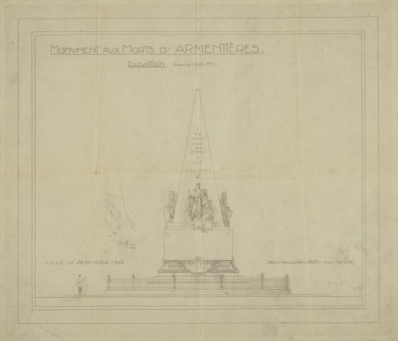 Monument aux morts 1914-1918. - Érection, inauguration : demande de subvention de l'État, correspondance, plans et croquis, état de situation des travaux, invitation, coupure de presse, discours, listes des noms inscrits sur le monument (livre d'or).