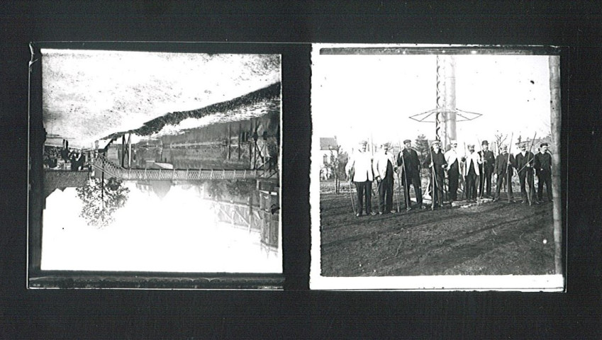 Groupe d'archers quai de Beauvais et vue de l'église Saint-Vaast depuis la passerelle du curé