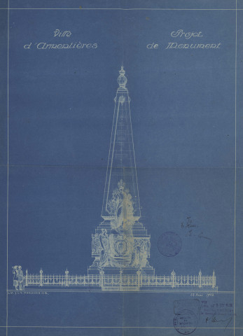 Monument aux morts 1914-1918. - Érection, inauguration : demande de subvention de l'État, correspondance, plans et croquis, état de situation des travaux, invitation, coupure de presse, discours, listes des noms inscrits sur le monument (livre d'or).